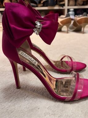 7.5 - Badgley Mischka Satin Fuchsia Heels with Crystal Bow